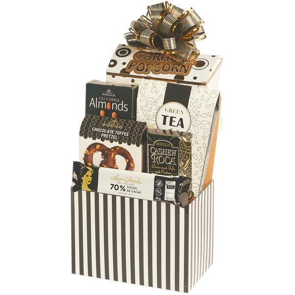 Tea Time basket with assorted gourmet snacks and green tea