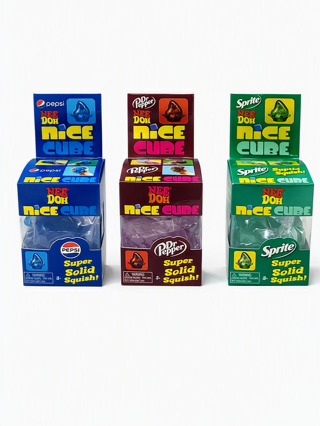 NeeDoh Nice Cube soda-inspired squishy cubes in Pepsi, Dr Pepper, and Sprite designs
