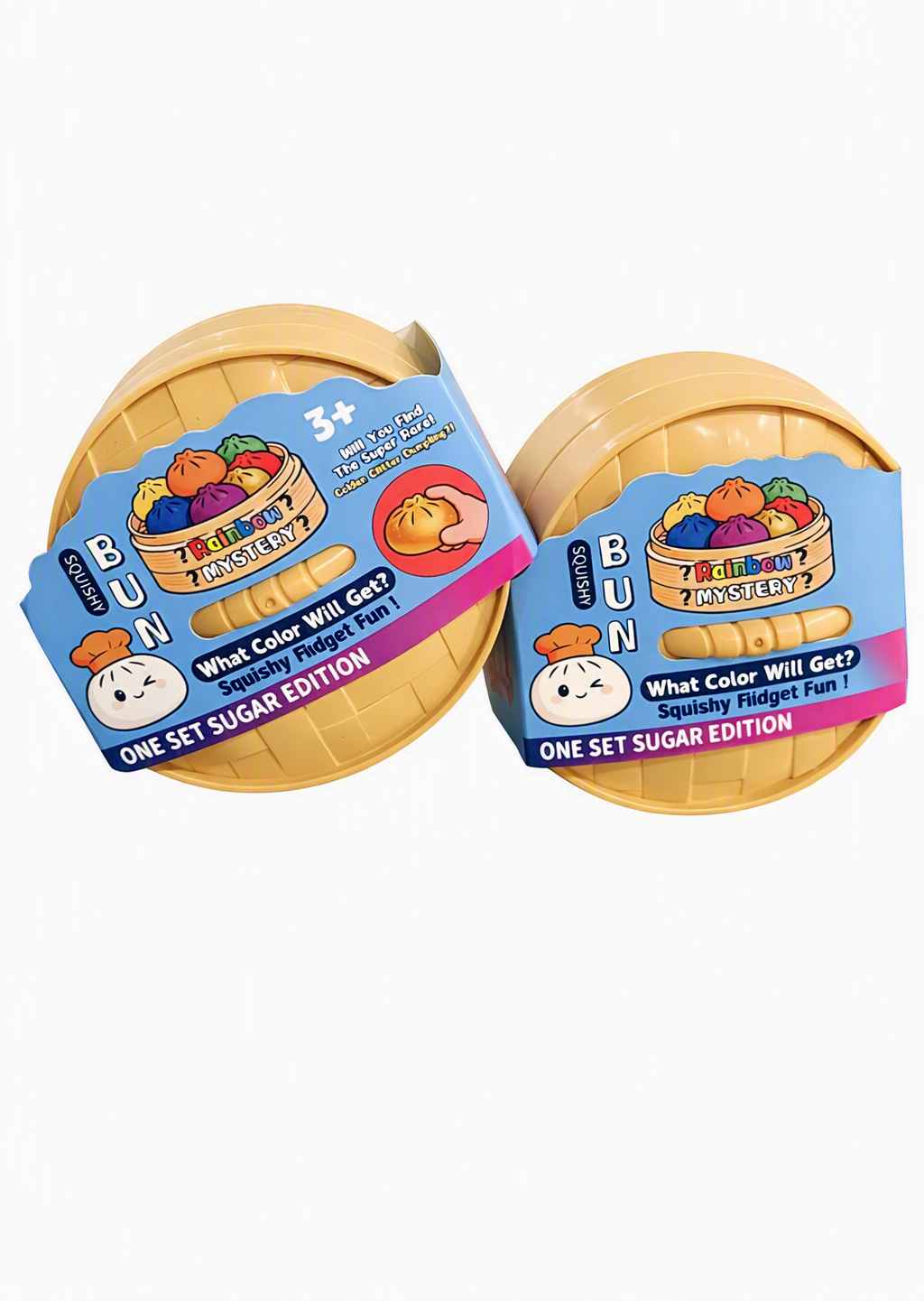 Two Squishy Bun One Set Sugar Edition mystery packs in basket-style containers