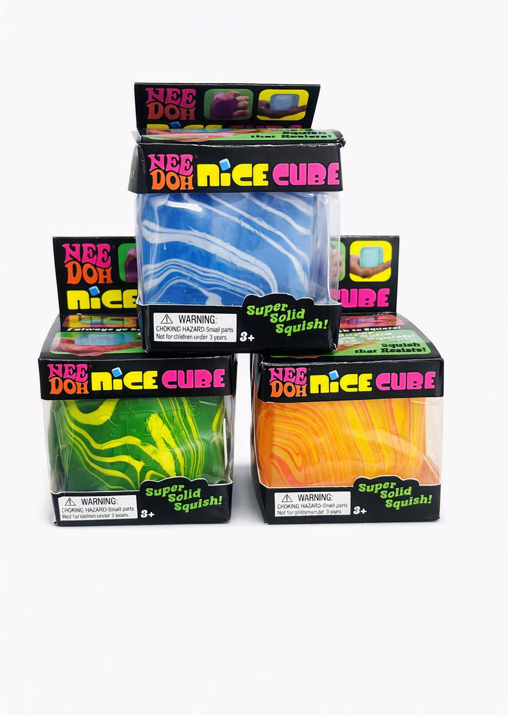 Three Nee Doh Nice Cube boxes in blue, green and orange