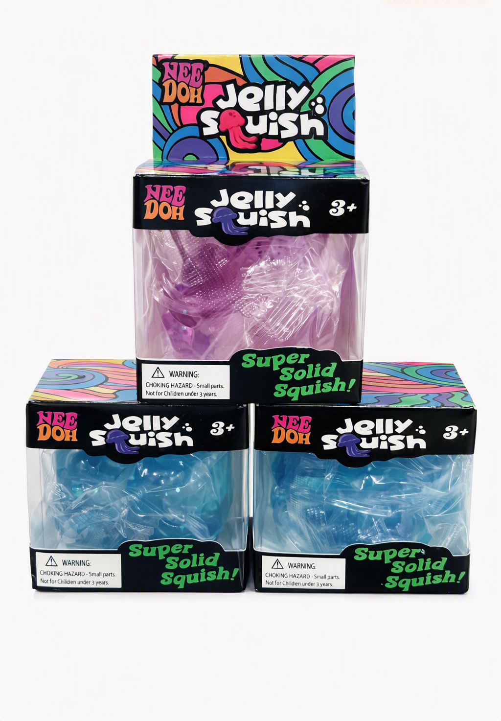 Three Nee Doh Jelly Squish boxes, one purple and two blue