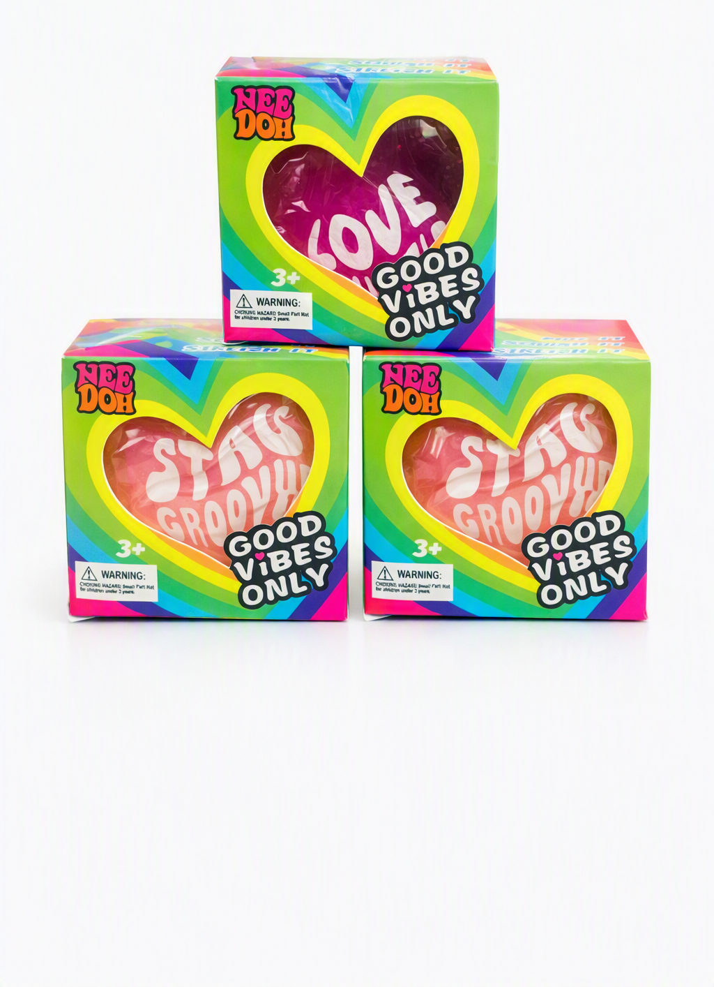 Nee Doh Good Vibes Only Love box above two Stay Groovy boxes