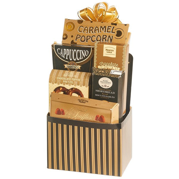Sweet Escape gift basket with cappuccino, caramel popcorn, chocolate treats, and a black-and-gold striped gift box