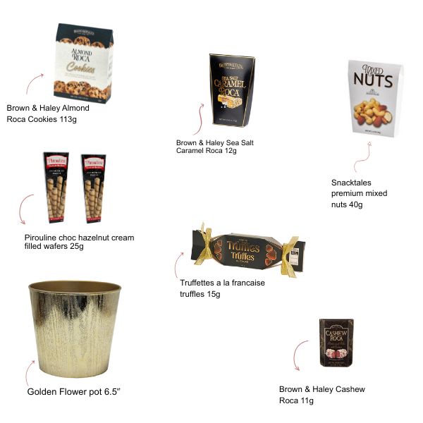 Golden Pot gift basket contents with almond roca cookies, chocolate wafers, mixed nuts, truffles, cashew roca, and a golden flower pot