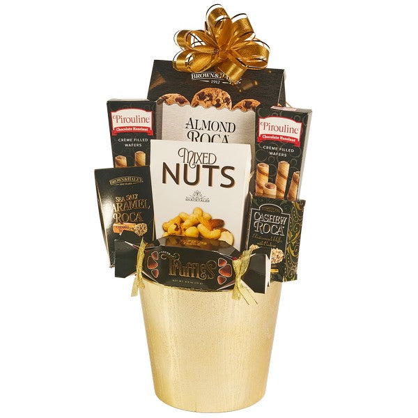 Golden Pot gift basket with mixed nuts, wafers, roca treats, truffles, and a golden flower pot
