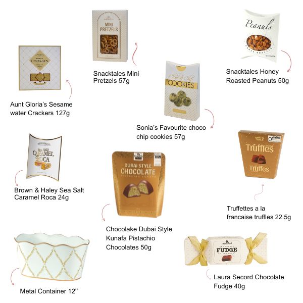 Cream and gold gift basket with Dubai style chocolate, truffles, fudge, cookies and pretzels topped with a gold bow