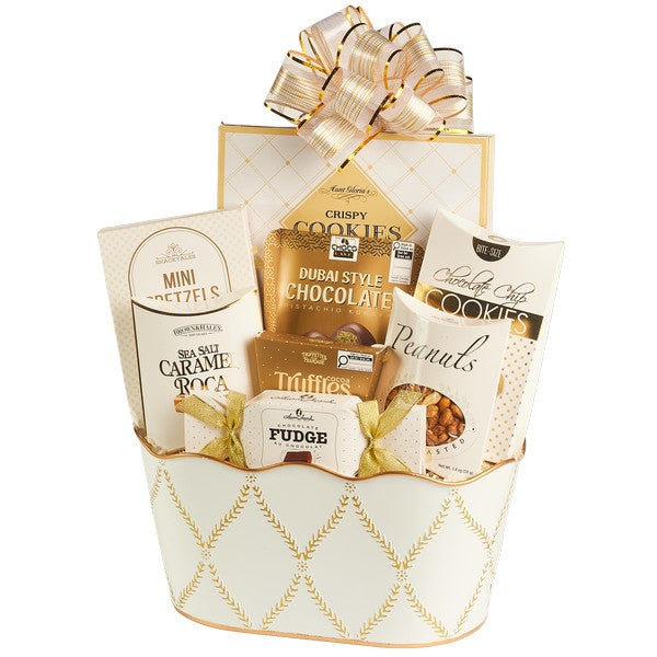 Contents of the golden sweets gift basket, each item labelled
