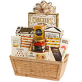 Gourmet snack gift basket in a woven wooden basket with crackers, brie, pretzels, almonds and a gold bow