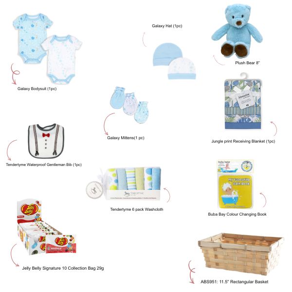 Ten items included in the Hello Baby blue gift basket