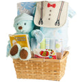 Blue baby gift basket with teddy bear, baby clothes, book, sweets, and receiving blanket