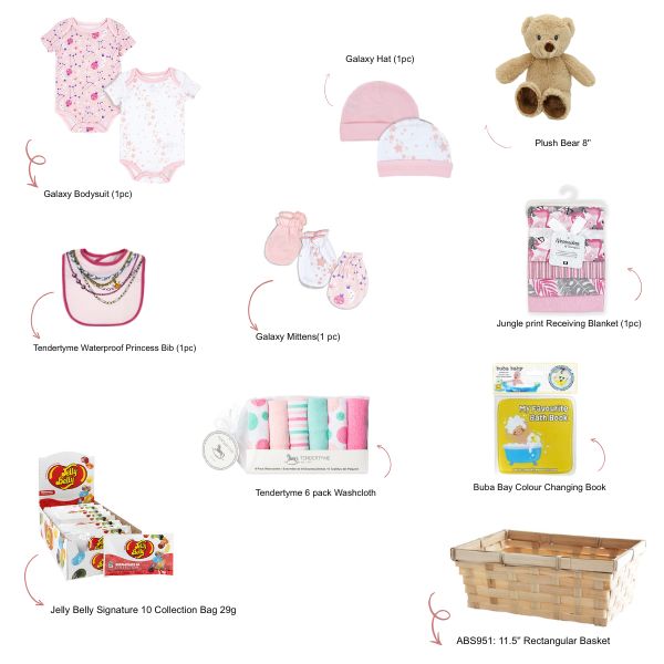 Ten items included in the Hello Baby pink gift basket