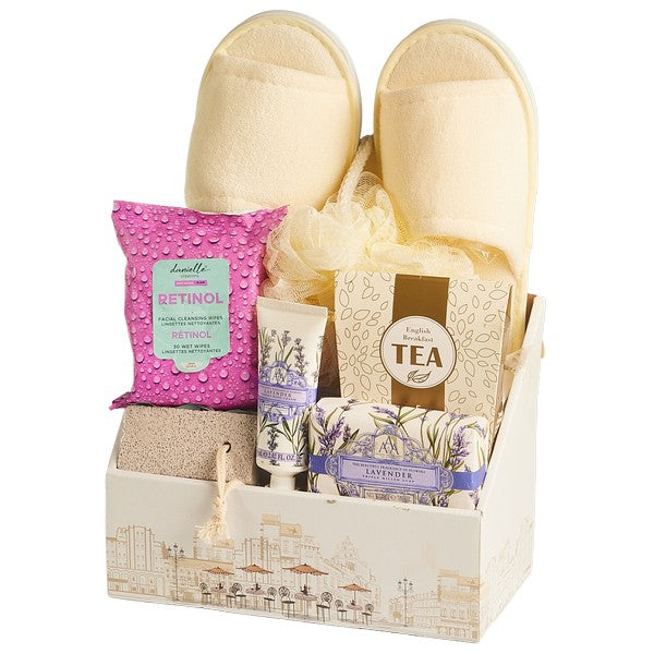 ZEN GARDEN self-care gift basket with slippers, tea, lavender essentials, and a relaxing gift presentation