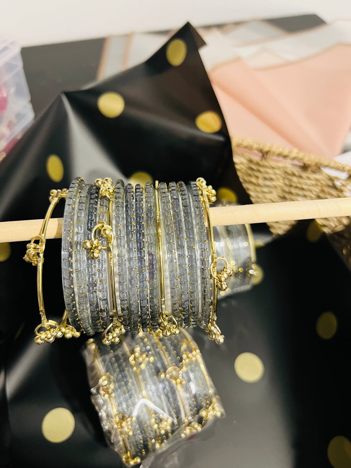 Kashmiri Jelly Ghungroo Bangles – Grey | Festival Stack Set of 16