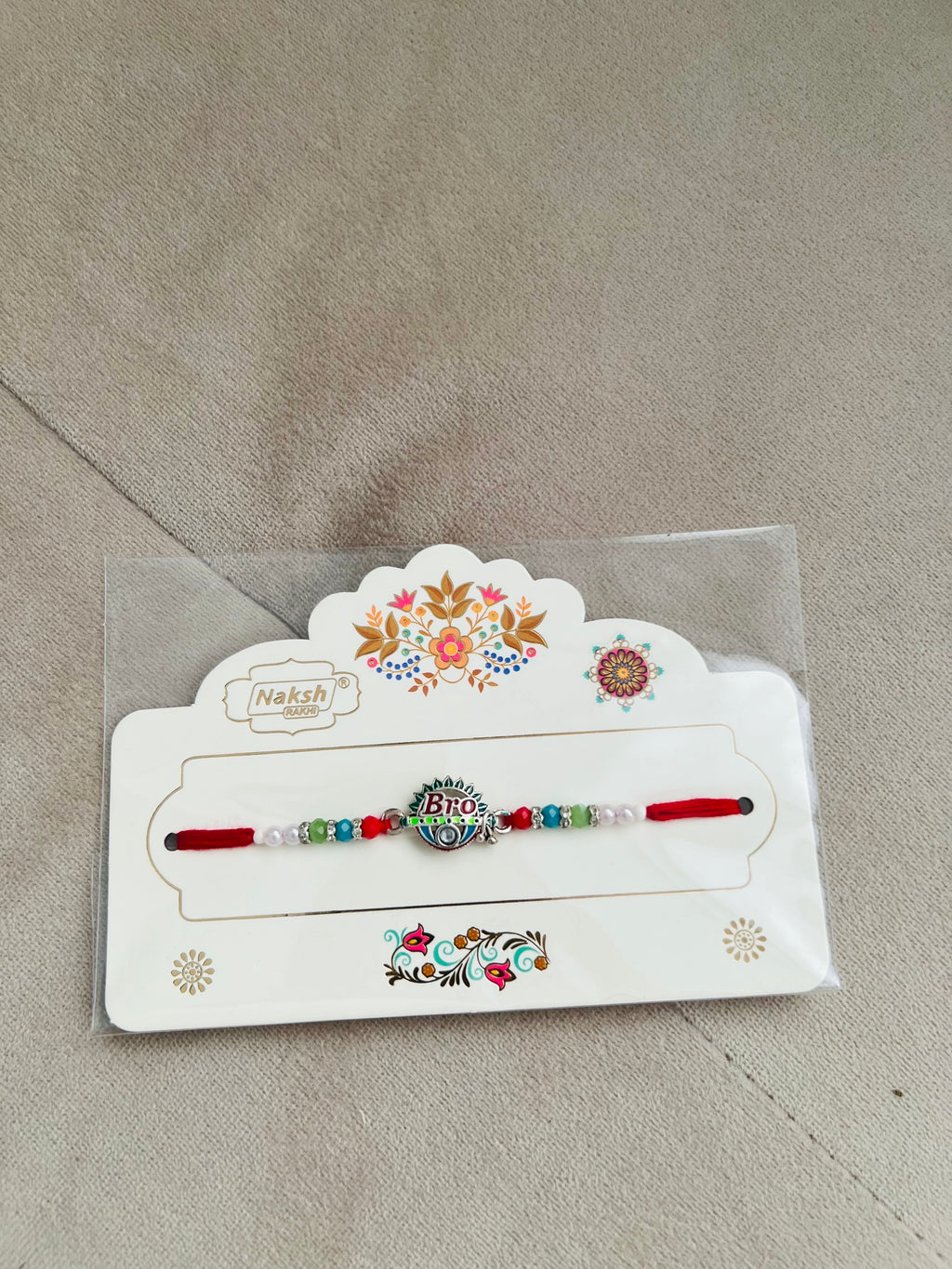 BRO Rakhi – Engraved Metal Charm, Colorful Beads