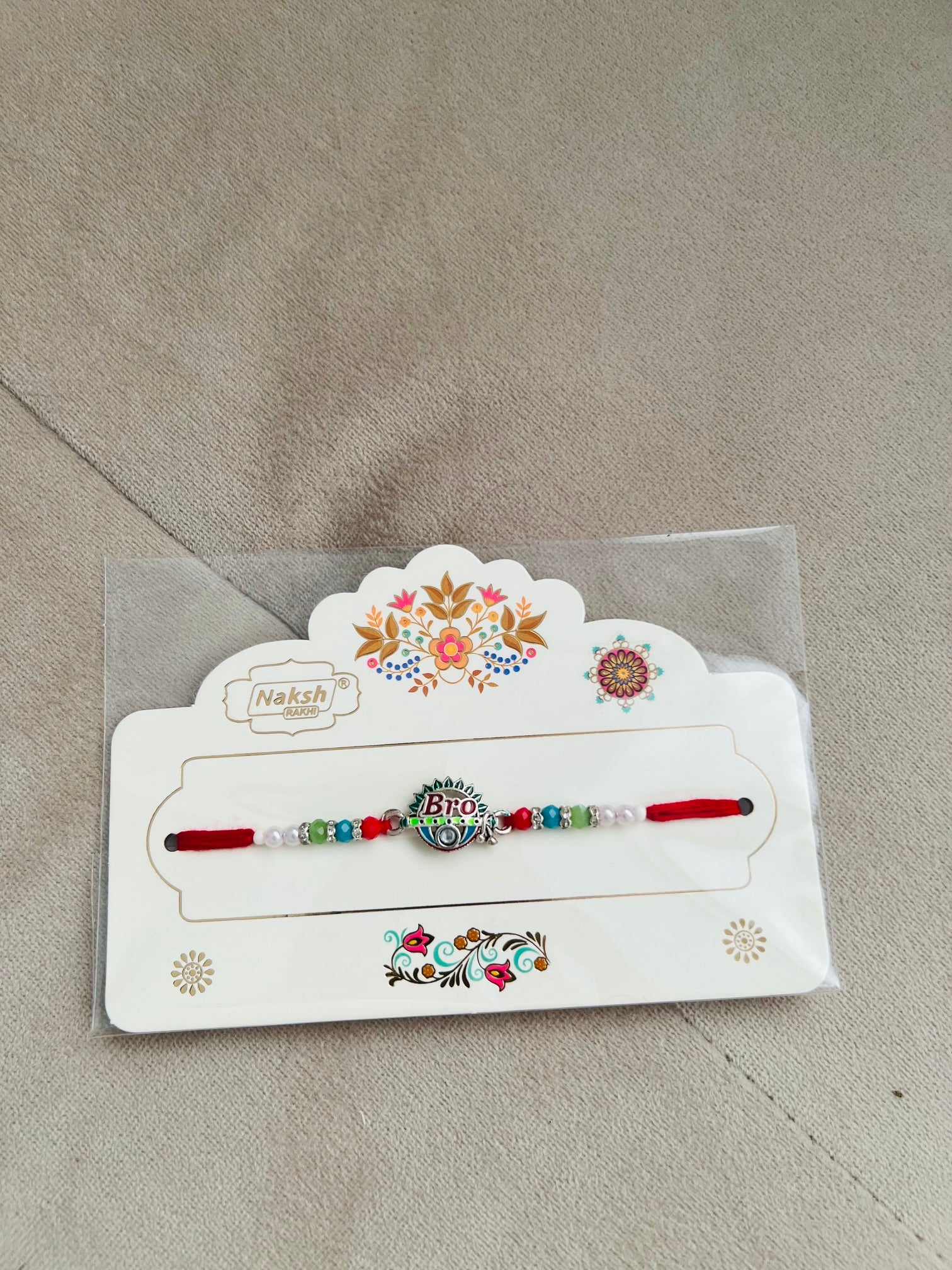 BRO Rakhi – Engraved Metal Charm, Colorful Beads