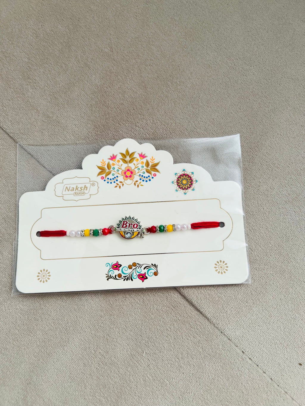 BRO Rakhi – Engraved Metal Charm, Colorful Beads