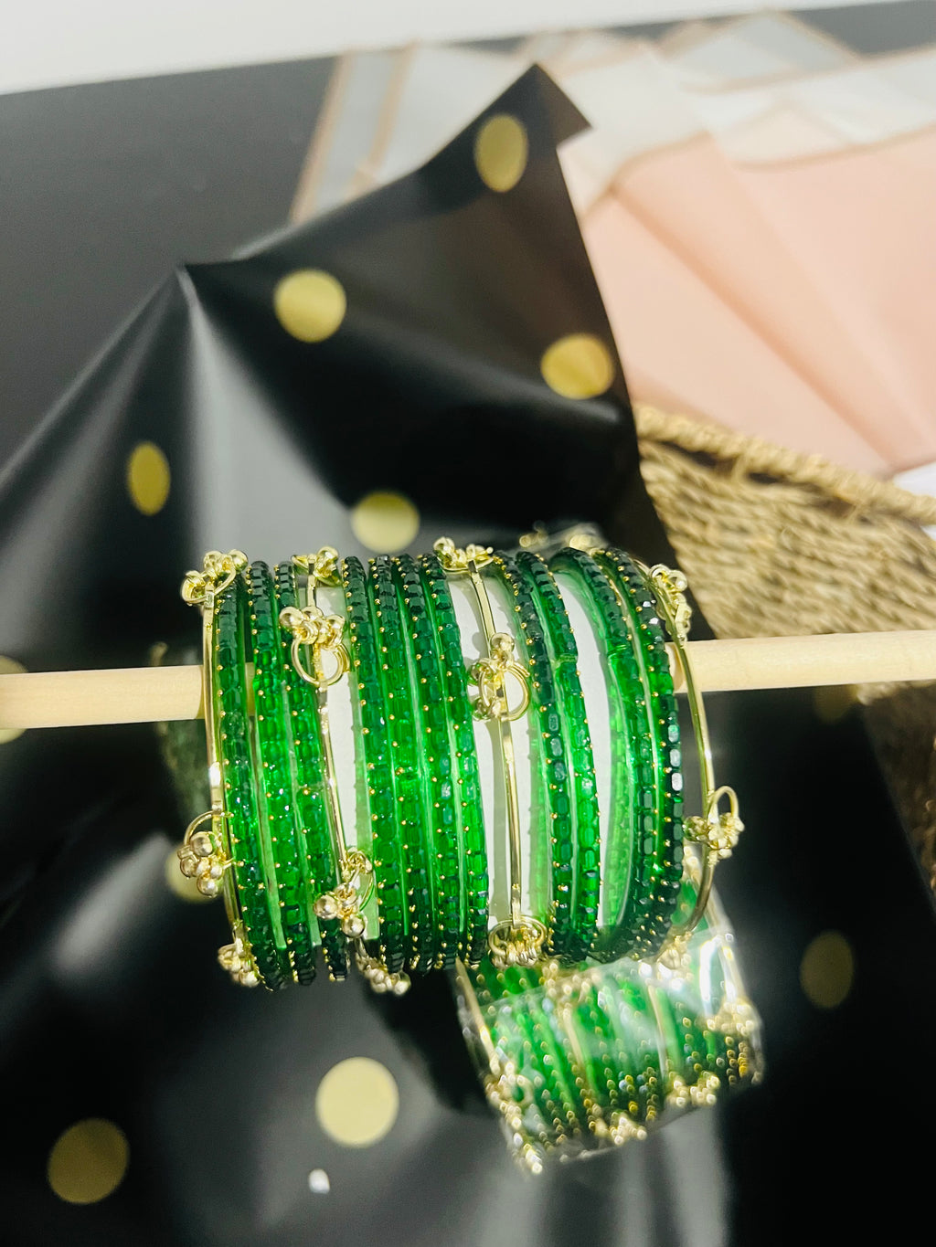 Kashmiri Jelly Ghungroo Bangles – Green | Festival Stack Set of 16