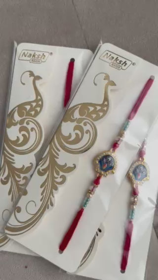Designer Kundan Peacock Rakhi – Blue & Gold Centerpiece, Premium Beads