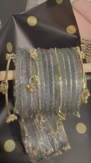 Kashmiri Jelly Ghungroo Bangles – Grey | Festival Stack Set of 16