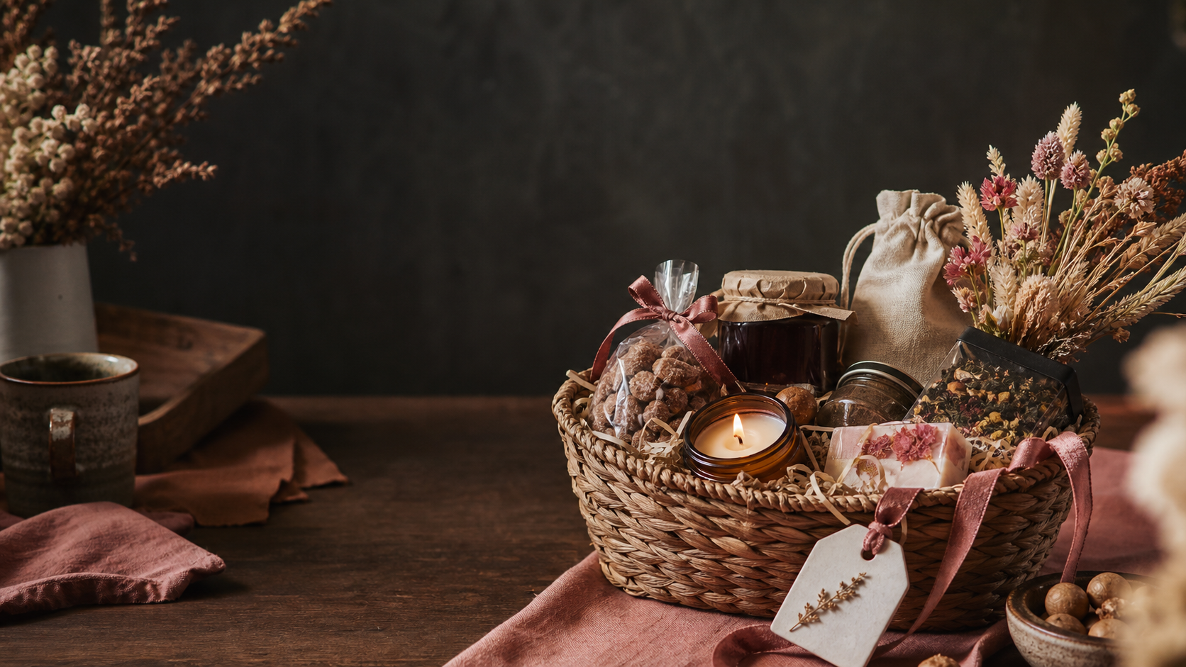 A handmade gift basket with artisan treats, a candle, and dried flowers